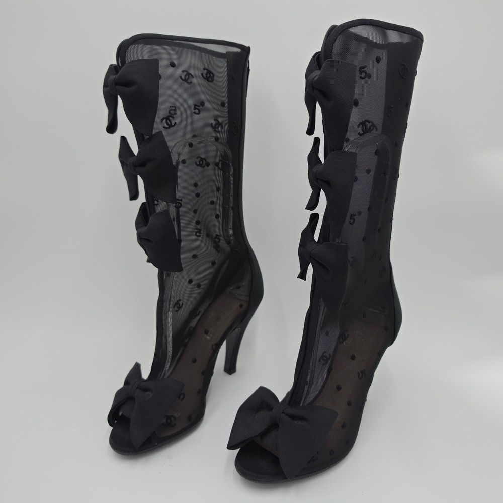 Chanel Black Mesh CC Logo Bow Peep Toe Mid Calf Stiletto Boots 36.5 C Italy